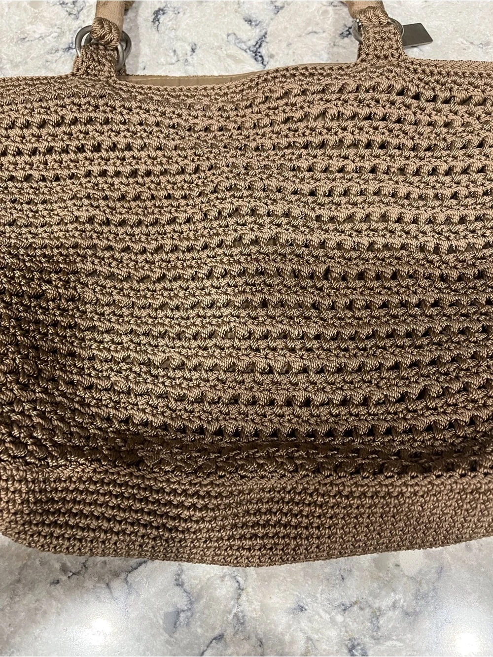 Lina Handcrafted Crochet Knit Shoulder Bag Tote - Taupe Brown Bronze
